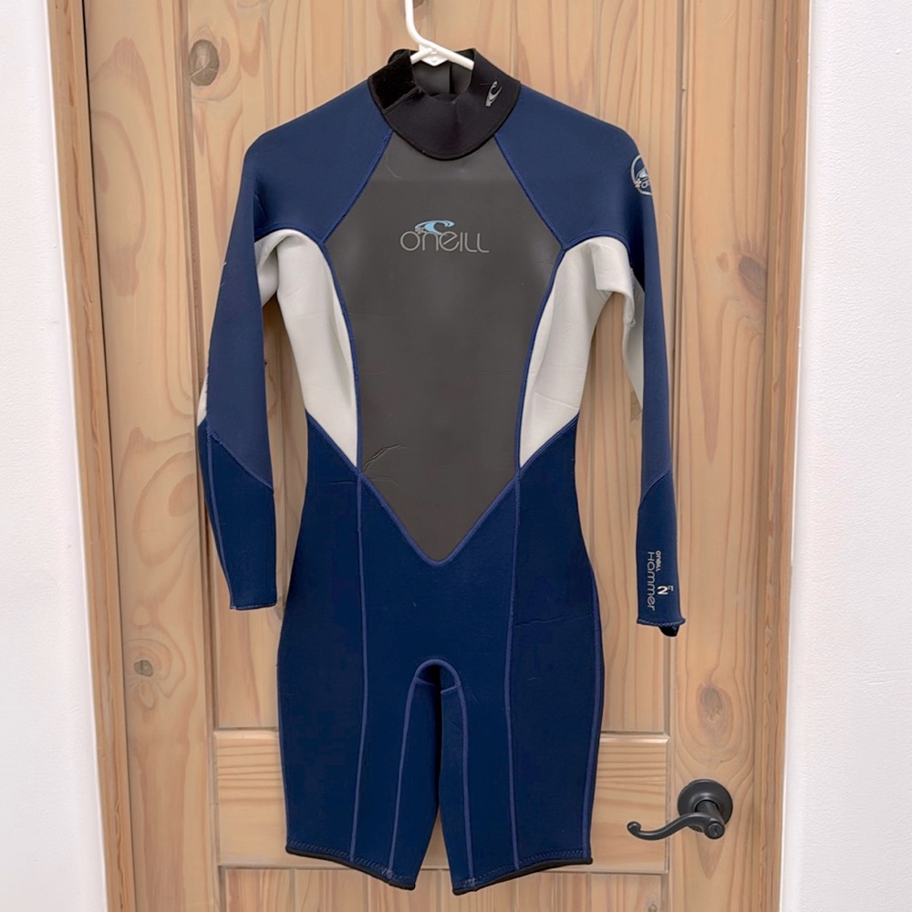 O'Neill Navy Gray White Long-Sleeve Shorty Wetsuit